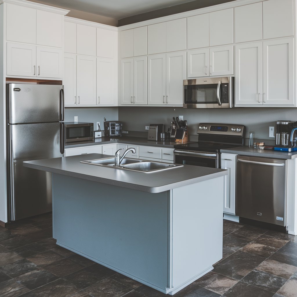 A modern, all-white kitchen featuring numerous upper and lower cabinets, stainless steel appliances including a refrigerator and microwave, and a large central island with a grey-blue base and a sink.