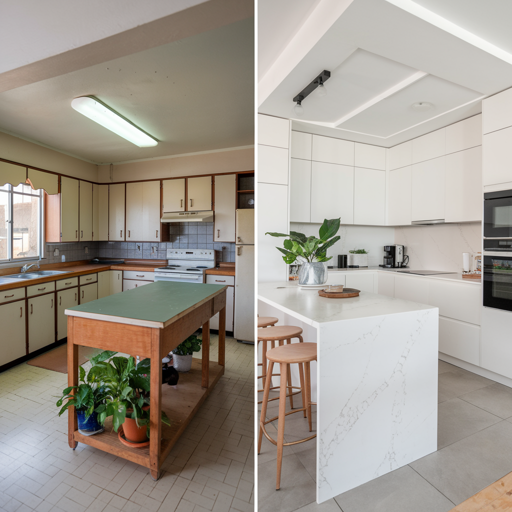 A split image showing a kitchen renovation. The left side is the "before" with dark wood cabinets, a brown island, and fluorescent lighting. The right side is the "after" with modern white cabinets, a large white marble island, and recessed lighting.