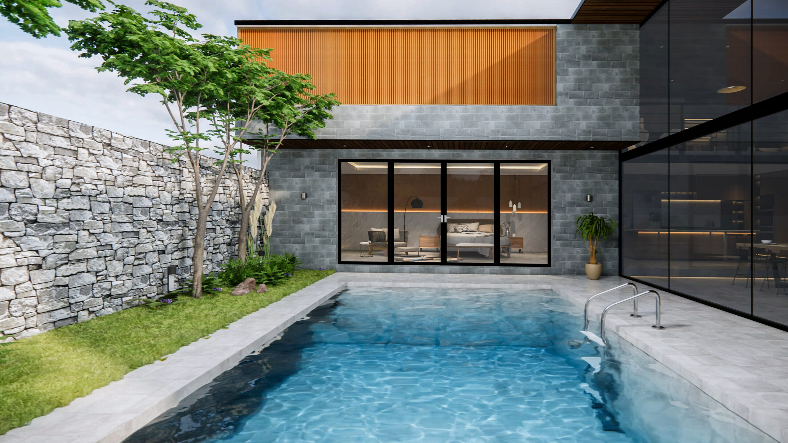 3d rendering. Interior house modern open living space with kitchen.Loft style Duplex  residence .Home decoration luxury  interior-exterior design.Outdoor terrace with swimming pool.