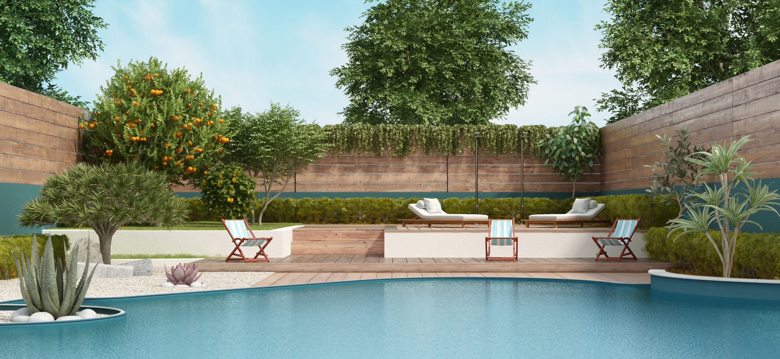 Luxury garden on two levels with large pool and lush vegetation - 3d rendering