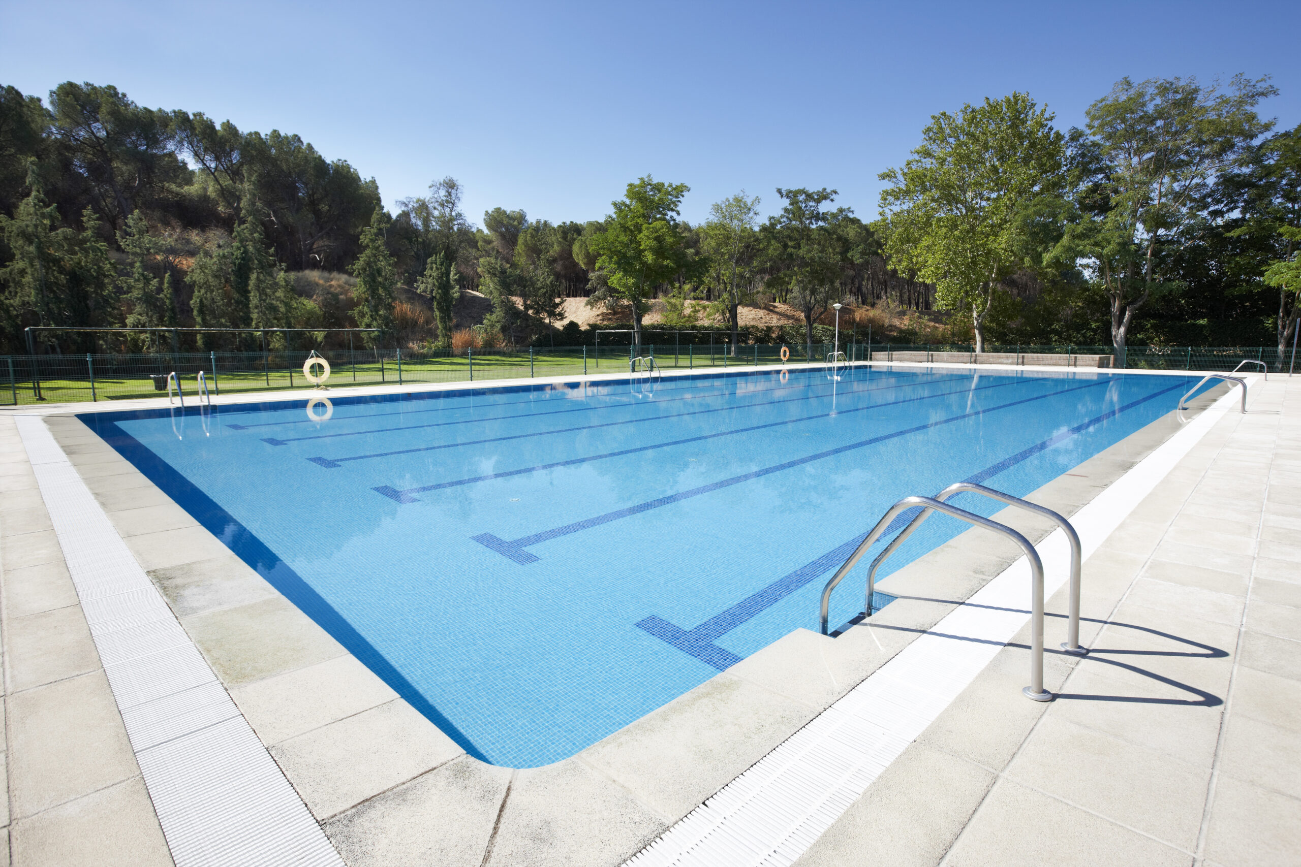 Outdoor swimming pool surrounded bytrees. Recreation area. Residential