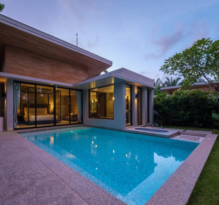 Modern house with a swimming pool, modern pool villa at the beach, luxury villa