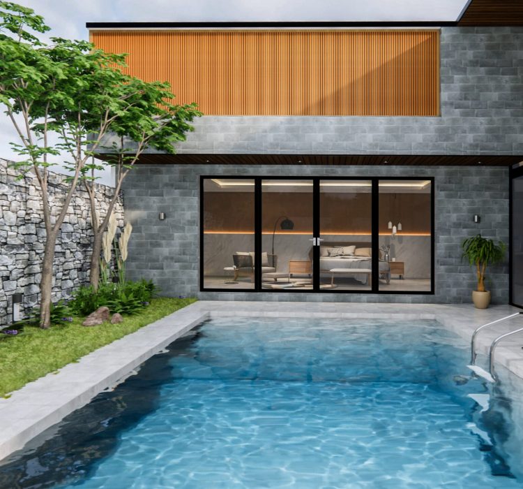 3d rendering. Interior house modern open living space with kitchen.Loft style Duplex  residence .Home decoration luxury  interior-exterior design.Outdoor terrace with swimming pool.