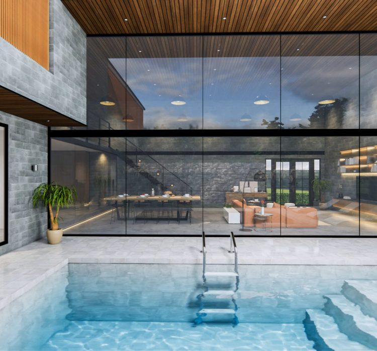 3d rendering. Interior house modern open living space with kitchen.Loft style Duplex  residence .Home decoration luxury  interior-exterior design.Outdoor terrace with swimming pool.
